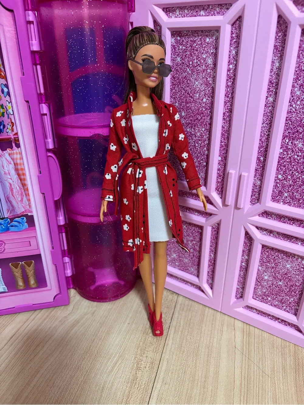Barbie Fashion Doll Trench Coat with Knit Dress and Sunglasses - Blue White